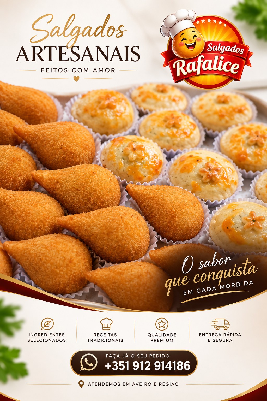 Post «Salgados artesanais, feitos com amor», com coxinhas e empadas em creme e dourado