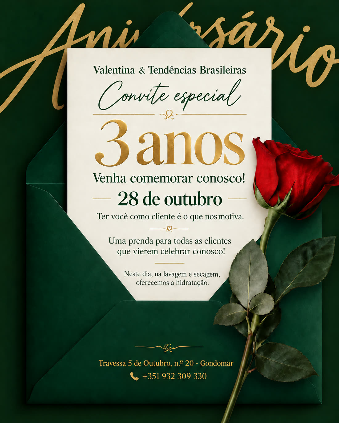 Convite de aniversário de 3 anos do salão Valentina, com envelope verde e rosa vermelha